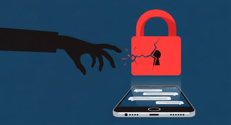 スマートフォンのセキュリティが危険に晒されているイラスト。匿名の人物が、メッセージアプリが表示されたスマホの壊れた鍵を狙っている。WhatsAppの危険性を示唆。