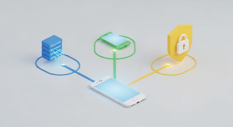 スマホのエラー原因として、サーバー、端末、セキュリティの3要素を示すイメージイラスト。