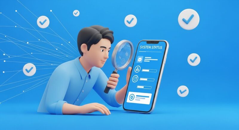 虫眼鏡でスマホをチェックし、システム障害の状況を確認している男性のイラスト。