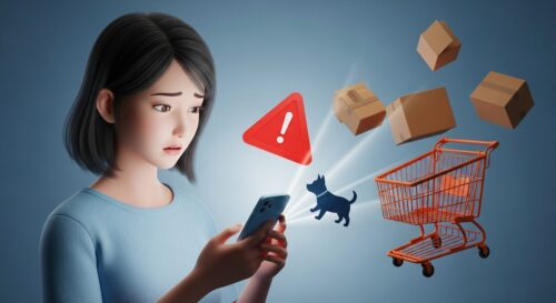 スマホを見て困った顔をする女性と、エラーを表す警告マークや犬のシルエットのイラスト。