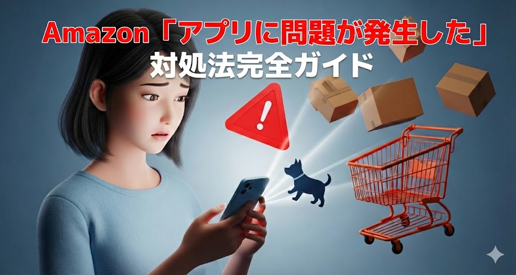 スマホを見て困った顔をする女性と、エラーを表す警告マークや犬のシルエットのイラスト。