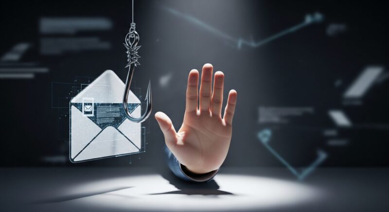 メールから垂れ下がる釣り針と、それを制止する手のひらを描いたフィッシング詐欺対策のイラスト。