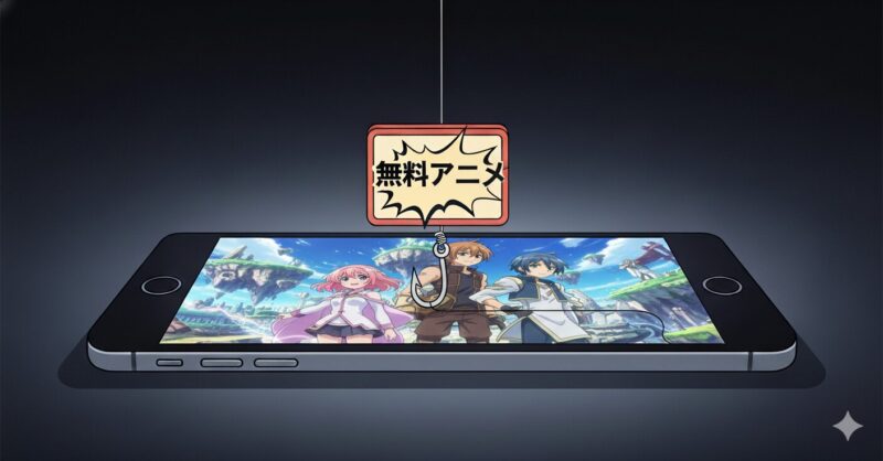 無料アニメのアイコンが表示されたスマートフォンから釣り針が垂れ下がり、違法な無料アプリに潜む危険な罠を象徴しているイラスト。