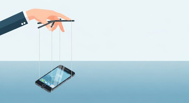 操り人形のように糸でコントロールされているスマートフォンが描かれ、端末が第三者に乗っ取られる危険性を表しているイラスト。