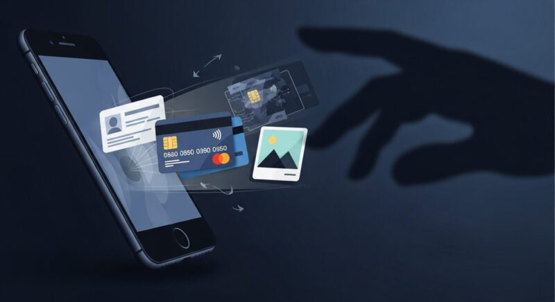 スマートフォンから個人情報を表す複数のアイコンが抜き取られており、違法サイトに潜む個人情報流出の危険性を示唆しているイラスト。