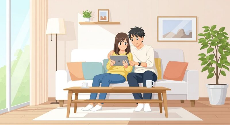ソファでリラックスしながら、若い男女がタブレットで安全にアニメを楽しんでいる様子を描いた、安心感のあるフラットデザインのイラスト。