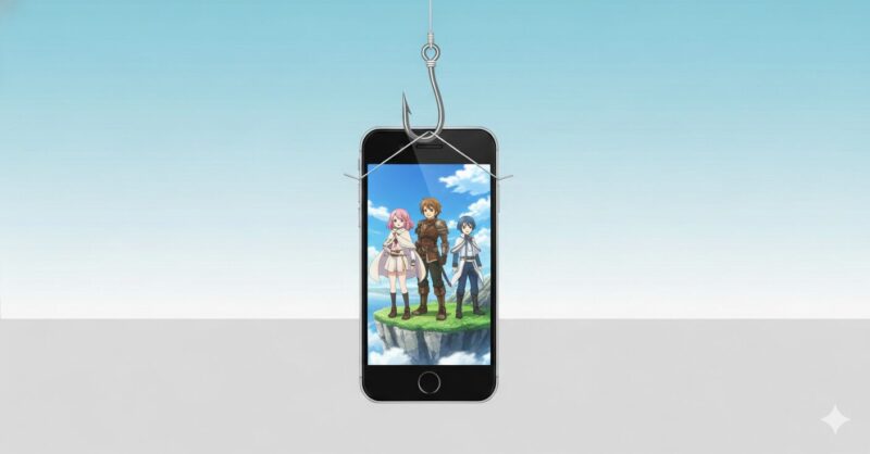 アニメの再生画面が表示されたスマートフォンが釣り針に吊るされており、「無料」という言葉の裏に隠された罠を表現しているイラスト。