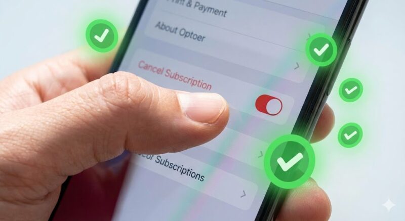スマートフォンの設定画面でサブスクリプションの解約ボタンをタップしようとしている手元のアップ。