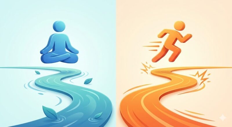 メンタルケア（瞑想）とフィットネス（ランニング）の違いを表す左右に分かれた3Dアイコンの比較図