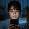 夜に部屋で不安そうにスマートフォンでコルチゾール診断の画面を見ている日本人女性の様子。