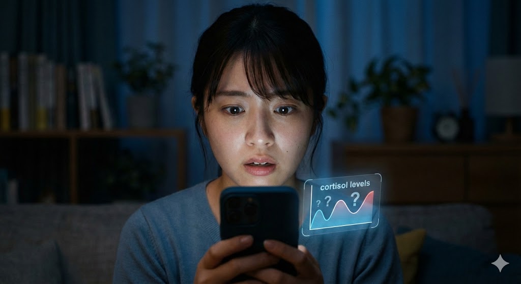 夜に部屋で不安そうにスマートフォンでコルチゾール診断の画面を見ている日本人女性の様子。