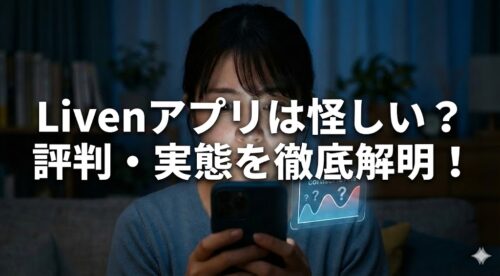夜に部屋で不安そうにスマートフォンでコルチゾール診断の画面を見ている日本人女性の様子。