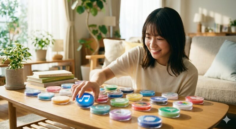 複数の選択肢の中から笑顔で自分に合ったアプリを選んでいる日本人の様子。