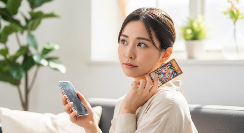 自宅のソファでスマートフォンを見る若い日本人女性。「オリくじは怪しい？」と少し考え込むような表情で画面を見つめており、オンラインサービスの安全性について情報を探している初心者の悩みを象徴する一枚。