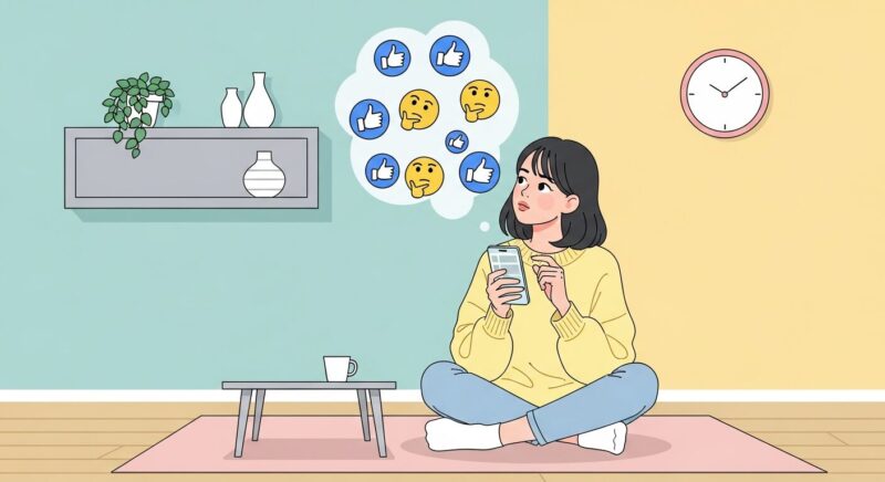 自宅のリビングで、20代の日本人女性がスマートフォンを見ながら少し首をかしげ、考え込んでいる。彼女の周りには、「いいね！」を示すサムズアップのアイコンと、「うーん」と悩む顔のアイコンが浮かんでいる。背景はシンプルで、清潔感のあるパステルカラー。モダンで親しみやすいフラットデザイン・イラスト。
