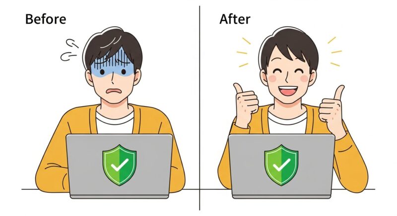 ノートパソコンの前で、不安そうな表情だった日本人男性が、ぱっと明るい笑顔に変わる様子のイラスト。画面には安心を示す盾のアイコンが表示され、「オリくじへの不安が解消されたこと」を表現。