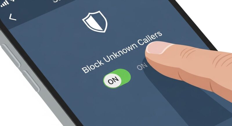 スマートフォンの設定画面で、迷惑電話の着信拒否機能をオンにしている様子のイラスト。簡単な操作でブロックできることを示している。