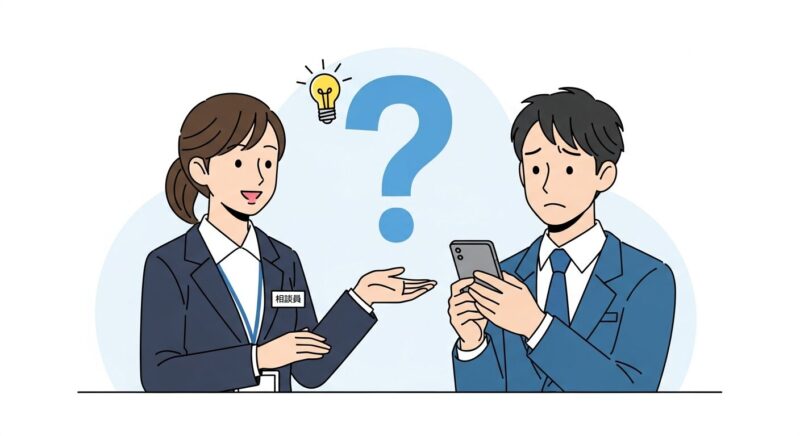 迷惑電話に悩む人が、専門の相談窓口でアドバイスを受けている様子のイラスト。一人で抱え込まずに相談することの重要性を示唆。