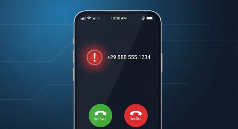 「+29」から始まる不審な電話の着信が表示されたスマートフォンのイラスト。警告アイコンが添えられ、迷惑電話や国際電話詐欺の危険性を示唆している。