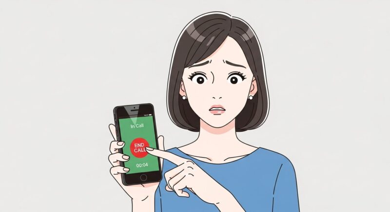 不審な電話に出てしまった後、落ち着いてスマートフォンの通話終了ボタンを押そうとしている人物のイラスト。冷静な対処法のイメージ。