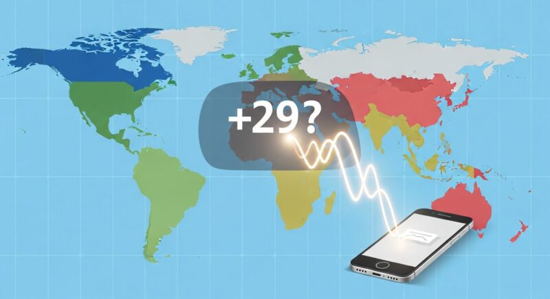 存在しない国番号「+29」の仕組みを表すイラスト。世界地図上の不明な場所から、スマートフォンへ不正な電波が送られている様子。