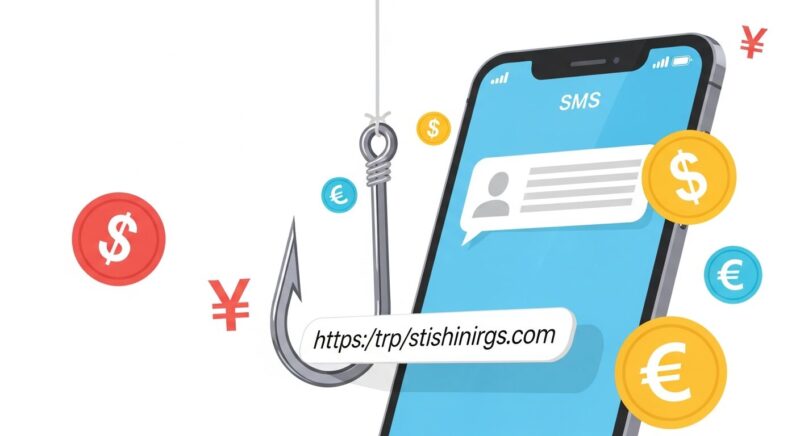 SMSフィッシング詐欺の危険性を示すイラスト。スマートフォンのメッセージから伸びた釣り針が、個人情報や金銭を狙っている様子。