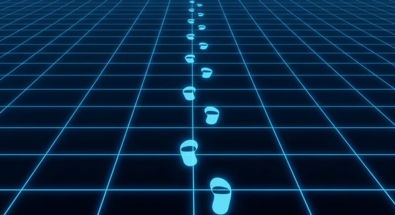 デジタルなグリッドの上に、光る足跡が続いているイラスト。「プリ小説」を「見るだけ」でも、インターネット上には閲覧履歴（デジタルな足跡）が残ることを象徴している。