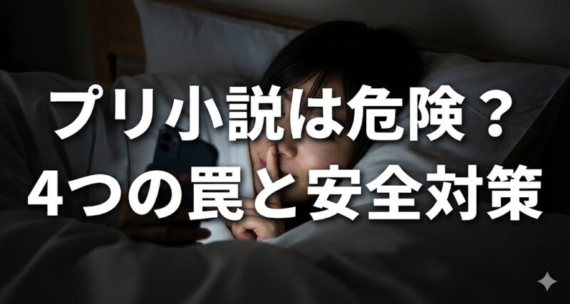 布団の中でスマートフォンをこっそり見ている20代の日本人女性。プリ小説を親バレせずに安心して楽しむという、記事のテーマを象徴する一枚。彼女の安心した表情が、安全対策を知ることの重要性を示唆している。