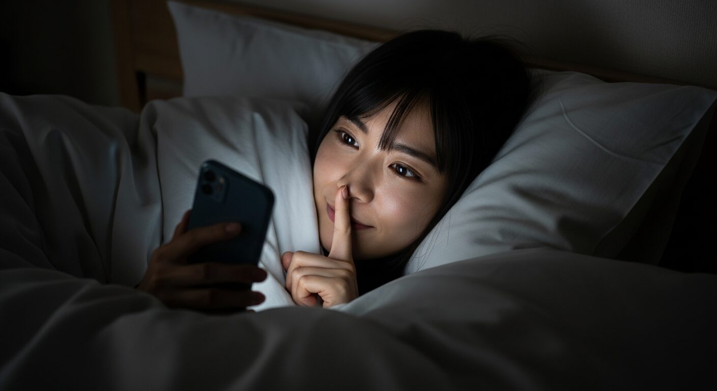 布団の中でスマートフォンをこっそり見ている20代の日本人女性。プリ小説を親バレせずに安心して楽しむという、記事のテーマを象徴する一枚。彼女の安心した表情が、安全対策を知ることの重要性を示唆している。