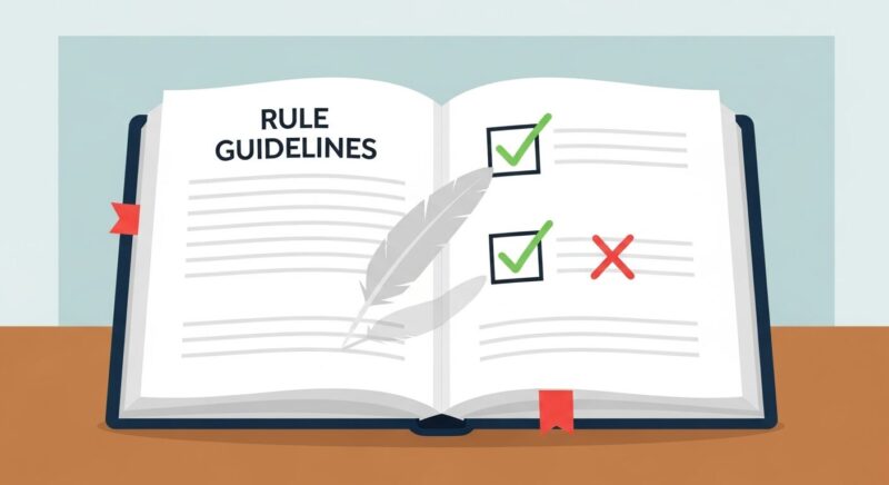 開かれたルールブックの上に羽根ペンが置かれているイラスト。「プリ小説」で二次創作を楽しむ際に、公式のルールやガイドラインを守ることの重要性を象徴している。