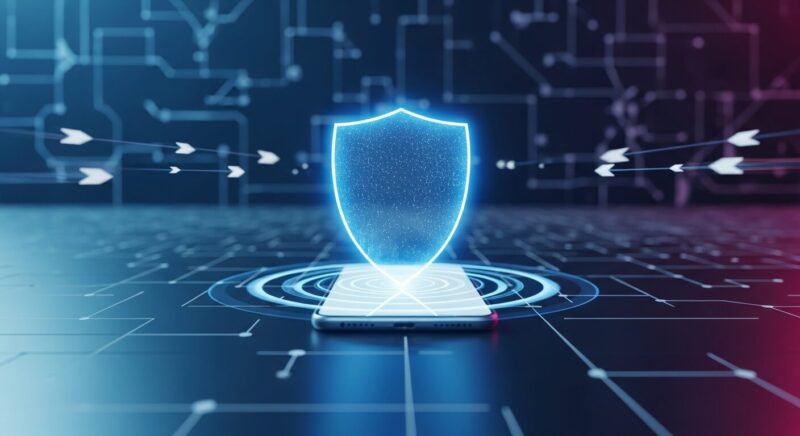 スマートフォンが輝く青い盾で守られているイラスト。外部からの攻撃を弾いており、プリ小説のプライバシー設定を見直すことで、危険から身を守る「鉄壁のガード」を象徴している。