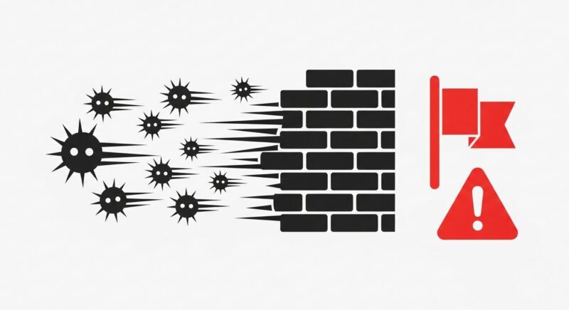 悪意のあるコメントを、レンガの壁（ブロック機能）と警告フラグ（通報機能）で防いでいるイラスト。「プリ小説」で迷惑ユーザーに遭遇した際の、具体的な撃退方法を象徴している。