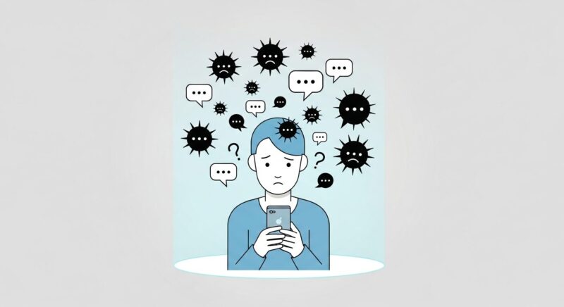 スマートフォンを見て困惑する人物が、トゲトゲした悪意のあるコメントを象徴する吹き出しから、光のバリアで守られているイラスト。プリ小説でのユーザー間トラブルと、ブロック機能による自己防衛を表している。