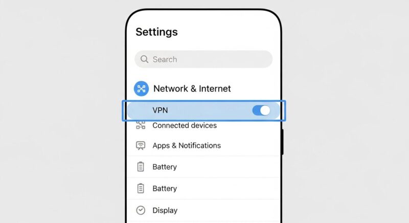 Androidスマートフォンの設定画面のイラスト。「VPN」の項目がハイライトされており、鍵マークを解除するための設定場所を示している。