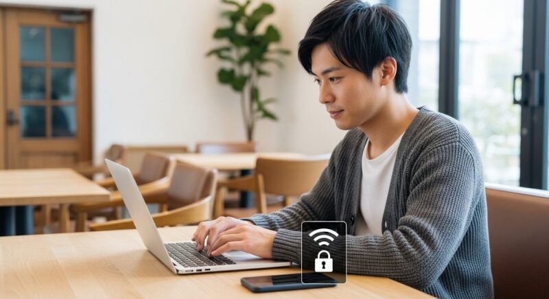 カフェでノートパソコンとスマートフォンを使って作業する若い男性。スマートフォンの画面には鍵マークが表示され、安全な通信環境であることを示している。