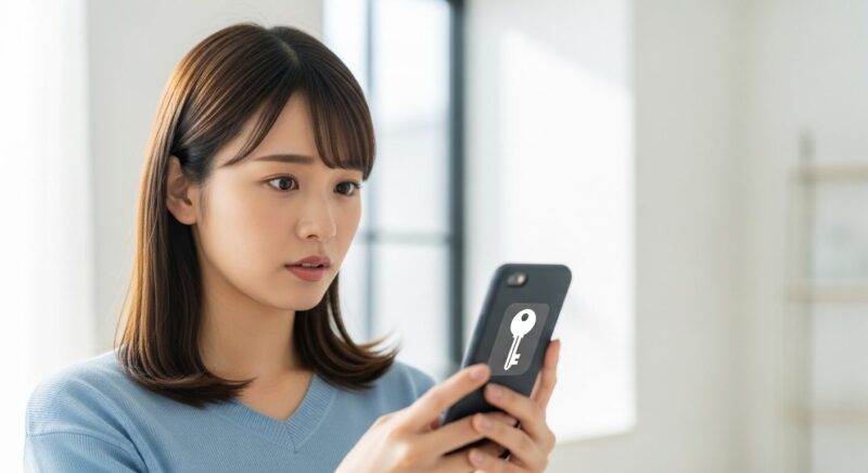 スマートフォンの画面に表示された鍵マークを見て、少し不思議そうな表情を浮かべる若い女性。記事がスマホの謎のアイコン問題を解決することを示唆している。