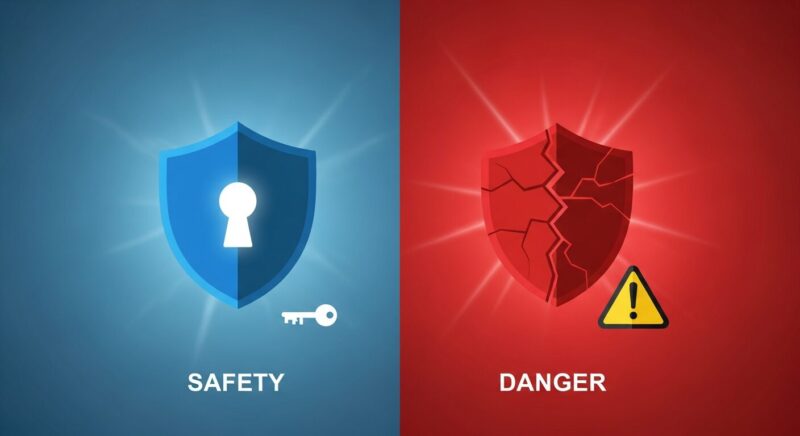 安全なVPNと危険なVPNの比較イメージ。左半分は青く頑丈な盾で守られているが、右半分は赤くひび割れた盾で危険な状態を示している。
