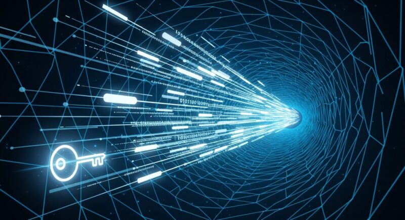 VPNの仕組みを表現したイラスト。暗い背景に青く光るデジタルトンネルがあり、その中を光のデータが安全に流れている様子。