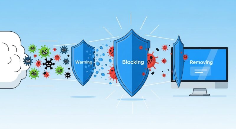 インターネットの脅威がパソコンに到達する前に、「警告」「ブロック」「駆除」と書かれた3つの青い盾が段階的に防御しているイラスト。NordVPNの多層防御の仕組みを示しています。