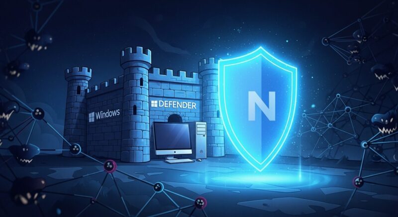 城壁に守られたパソコンを、さらに外側のインターネットの脅威から輝く青い盾が守っているイラスト。Windows Defenderの「壁」とNordVPNの「盾」による二重のセキュリティを象徴しています。