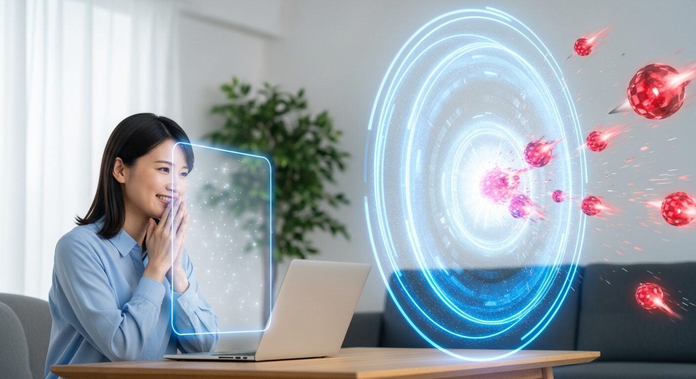 モダンなリビングで安心した表情でノートパソコンを使う20代の日本人女性。彼女の周りは半透明の光る壁と、さらに大きな青い盾で守られており、外からのデジタルの脅威を弾いています。