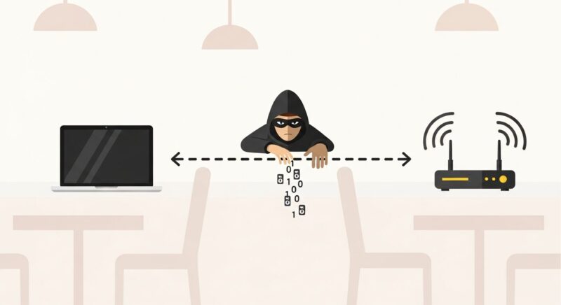 ノートパソコンとWi-Fiルーター間の通信データに、フードを被ったハッカーのアイコンが割り込んで情報を盗み見ている模式図。公衆Wi-Fiでの中間者攻撃の仕組みを解説しています。