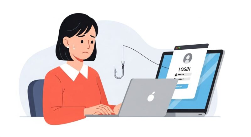 ノートパソコンを操作する人物。画面に表示された偽のログインページから不気味な釣り針が伸び、個人情報を盗み取ろうとしている様子を描いたイラスト。フィッシング詐欺の危険性を示唆しています。