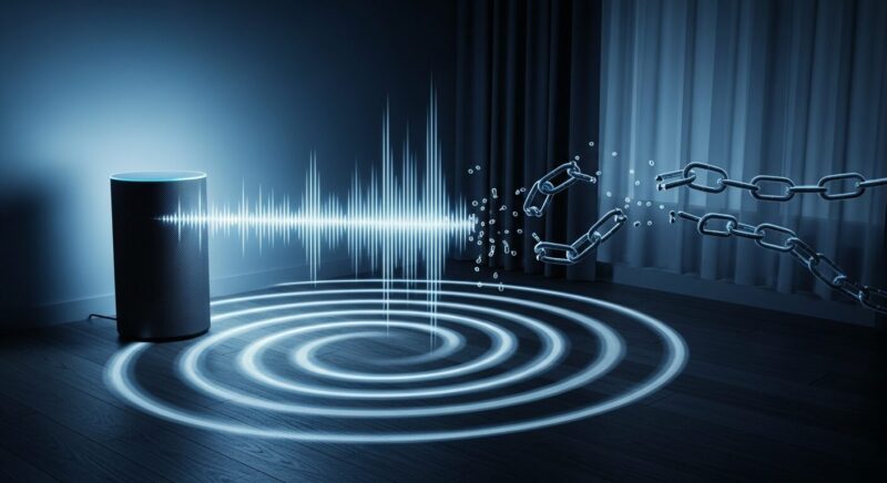 スマートスピーカーから漏れ出す音声の波形。アレクサの盗聴事件や情報漏洩の危険性を抽象的に表現したサイバーセキュリティのイメージ画像です。