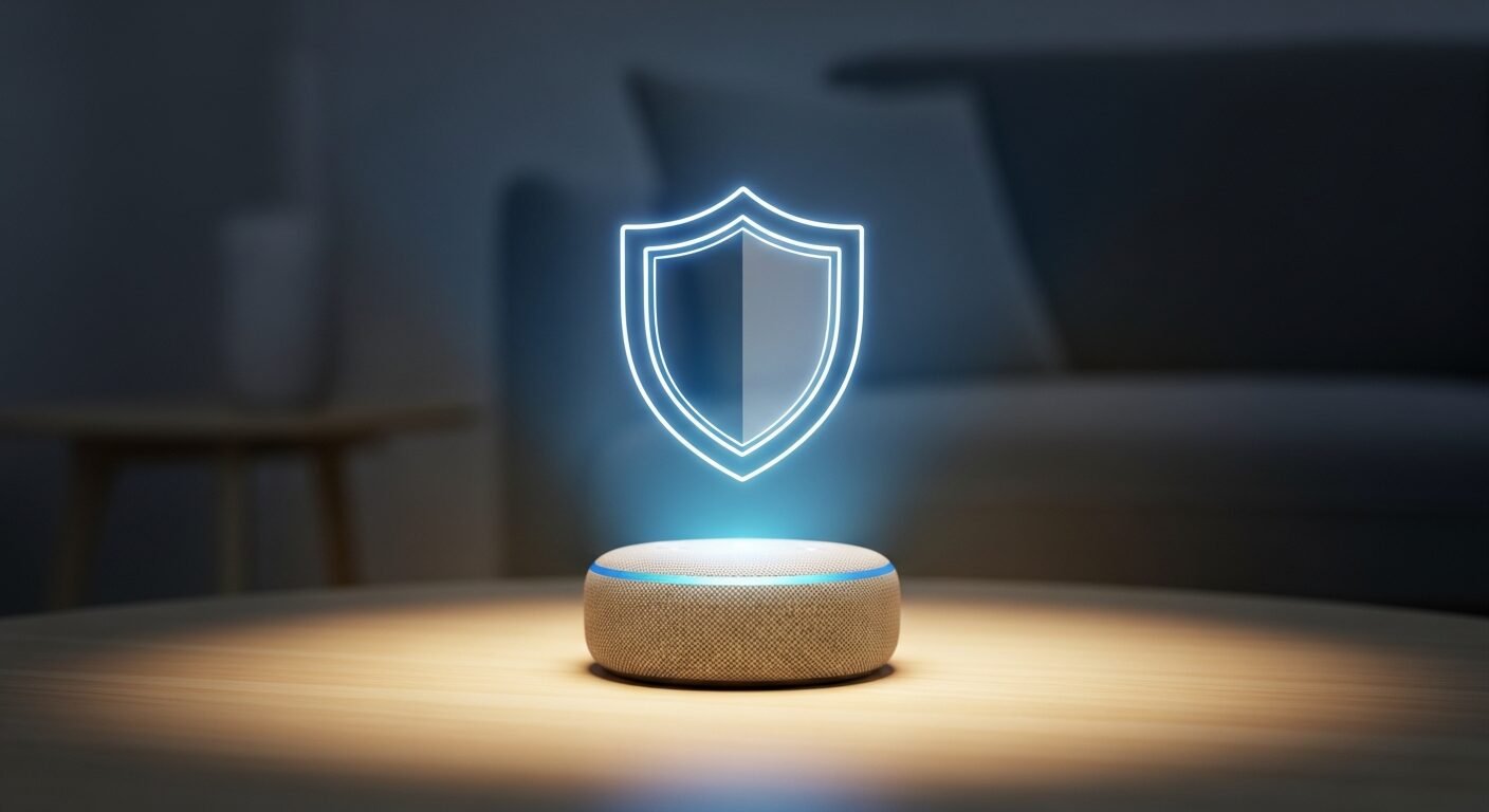 リビングのテーブルに置かれ、輝く盾のアイコンで守られているスマートスピーカー。アレクサの危険性に対するセキュリティと安心感を象徴しています。