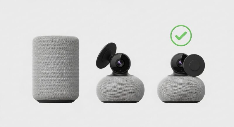 3種類のアレクサ対応デバイスを比較し、カメラカバー付きの安全なモデルにチェックマークが付いているイラスト。安全性で製品を選ぶ重要性を示しています。