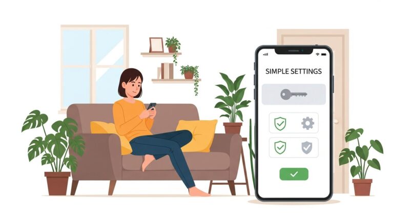 スマートフォンでアレクサのセキュリティ設定を簡単に行い、安心している女性のイラスト。初心者でも5分でできるプライバシー保護の操作を表現。
