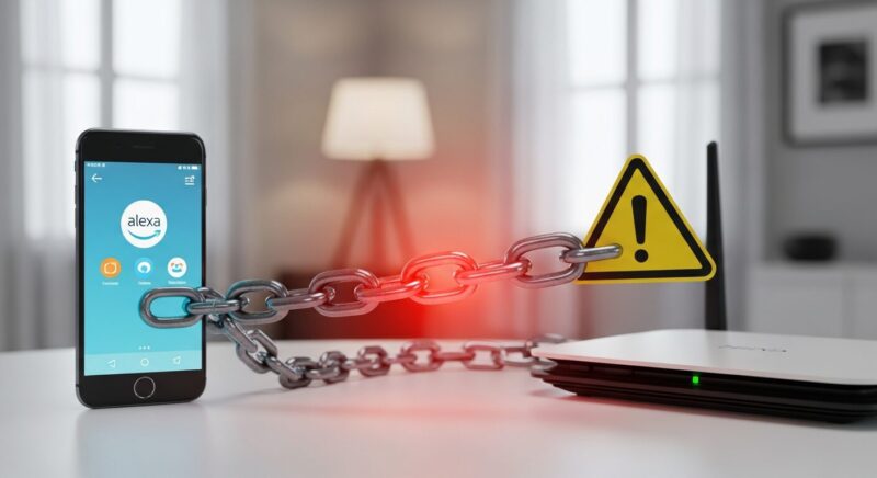赤い警告マークが付いた鎖で繋がれたスマートフォンとWi-Fiルーター。アレクサを利用する際のWi-Fiセキュリティの脆弱性と注意点を象徴しています。
