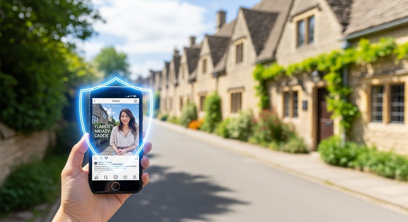 英国コッツウェルズのはちみつ色の家並みを背景に、スマートフォンを持つ女性の手元が映っている。スマホ画面はSNSアプリが表示され、その周囲を半透明の青いデジタルの盾が守るように囲んでいる。