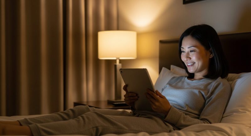 ホテルのベッドの上で、リラックスウェアを着た女性がタブレットを見て微笑んでいる。タブレット画面の光が顔を照らし、安心感のある夜の時間を表現。